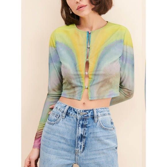 AFRM Tops - AFRM Womens Tie Dye Mesh Crop Top Long Sleeve Button Front Multi Color XS